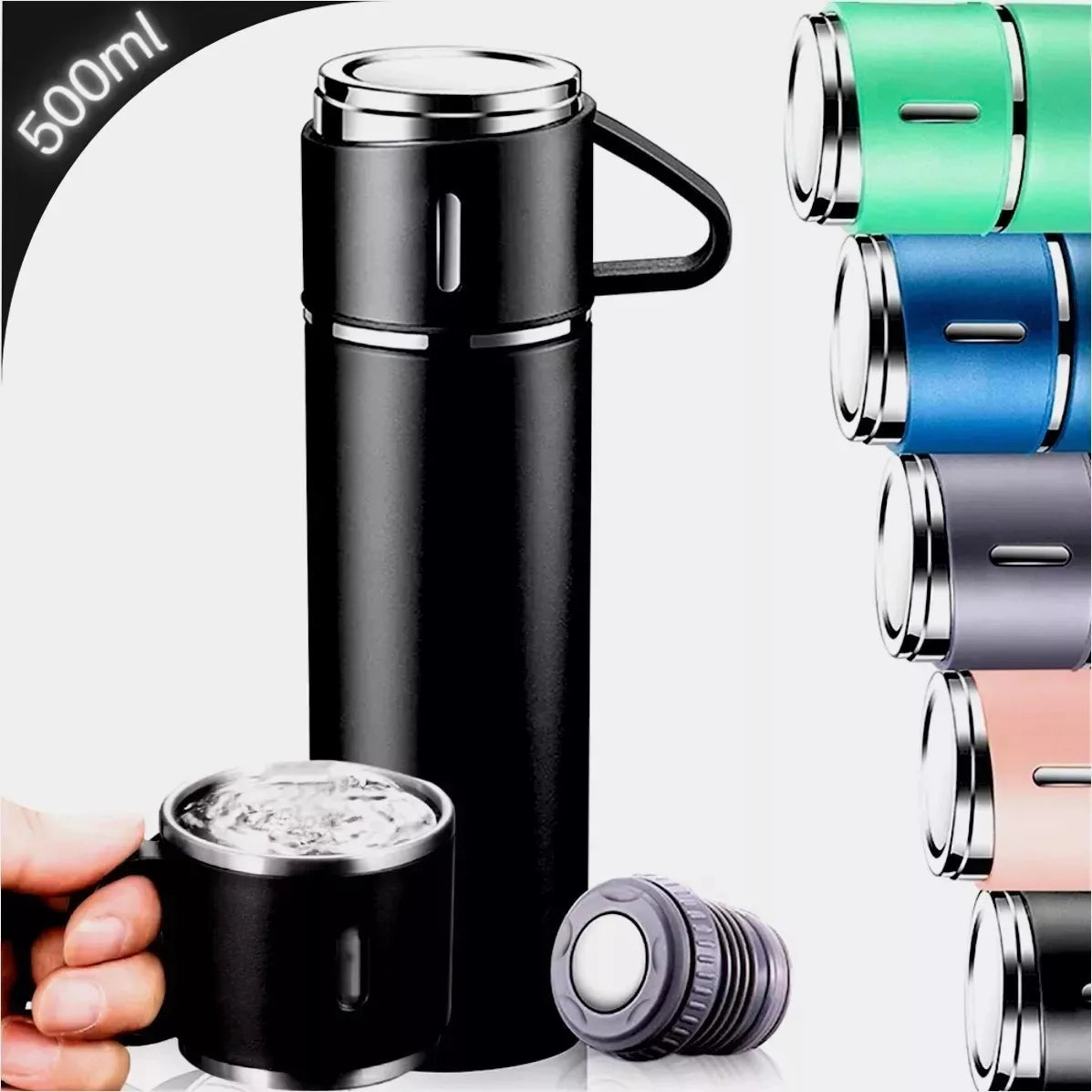 ZAFFIORA | Vacuum Flask Set 500ml com 3 Xícaras | Inox | Bebidas Quentes ou Frias | Presenteável
