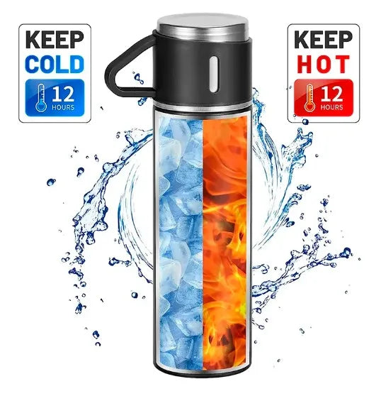 ZAFFIORA | Vacuum Flask Set 500ml com 3 Xícaras | Inox | Bebidas Quentes ou Frias | Presenteável