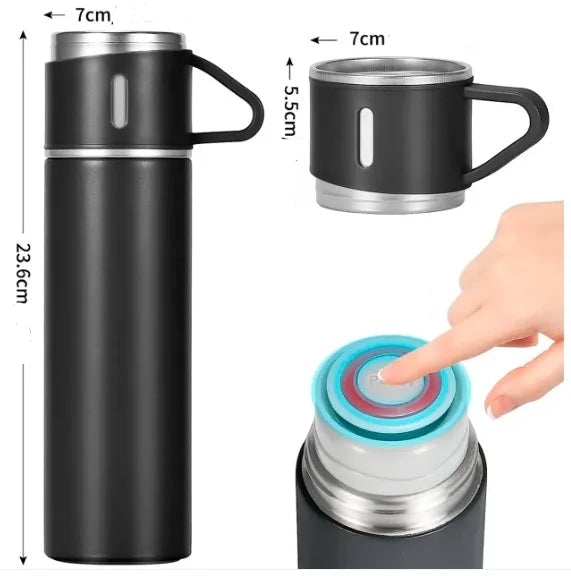 ZAFFIORA | Vacuum Flask Set 500ml com 3 Xícaras | Inox | Bebidas Quentes ou Frias | Presenteável
