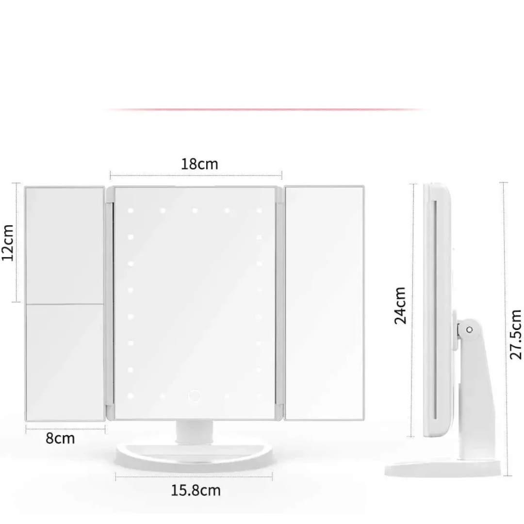Espelho de Maquiagem com Luz LED 22Leds ZAFFIORA | Ampliação 2X/3X | USB e Pilha | Dobrável