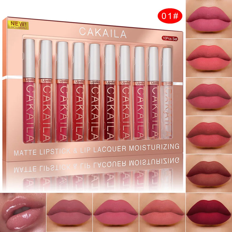 ZAFFIORA | Kit 10 Batons Líquidos CAKAILA – Efeito Matte, Velvet, À Prova D’Água e Longa Duração