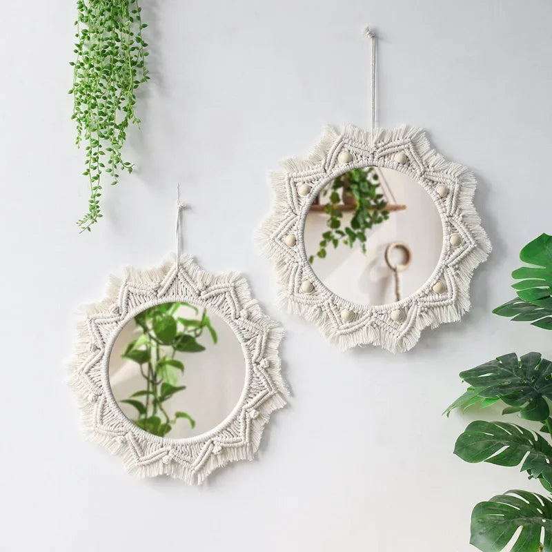 Espelho Redondo de Parede ZAFFIORA em Macramê – Toque Boho Chic para Sua Decoração