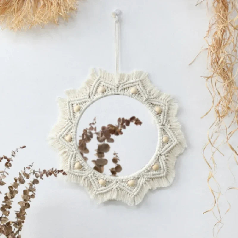 Espelho Redondo de Parede ZAFFIORA em Macramê – Toque Boho Chic para Sua Decoração