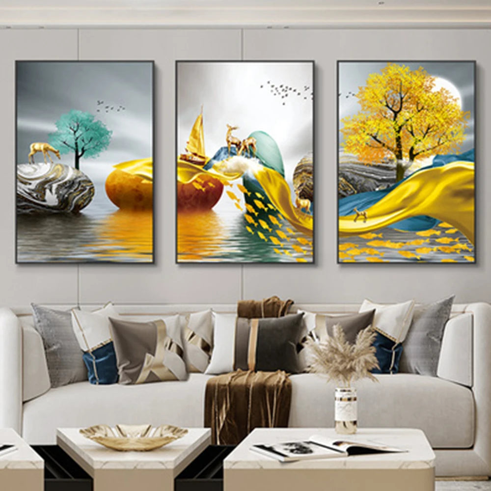 Kit com 3 Quadros Abstratos ZAFFIORA – Ideal para Salas, Quartos e Escritórios