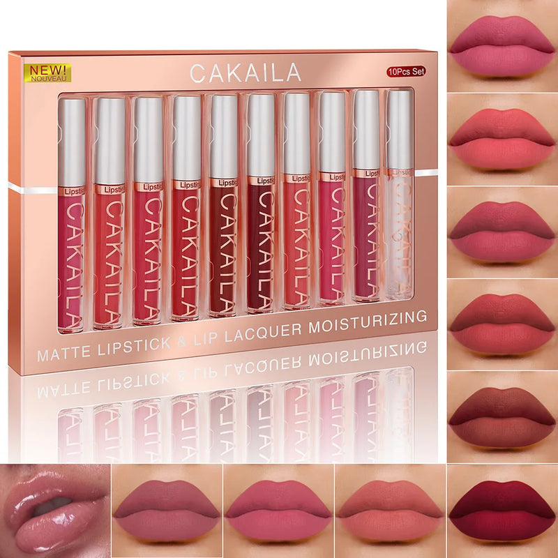 ZAFFIORA | Kit 10 Batons Líquidos CAKAILA – Efeito Matte, Velvet, À Prova D’Água e Longa Duração
