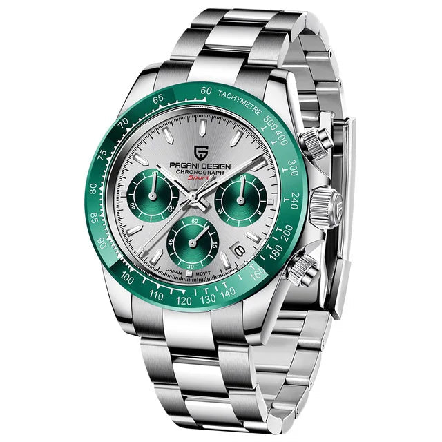 Relógio Masculino ZAFFIORA PAGANI DESIGN V2 – Cronógrafo Retrô 40mm, Quartzo, Safira, À Prova d’Água, Caixa em Aço Inoxidável