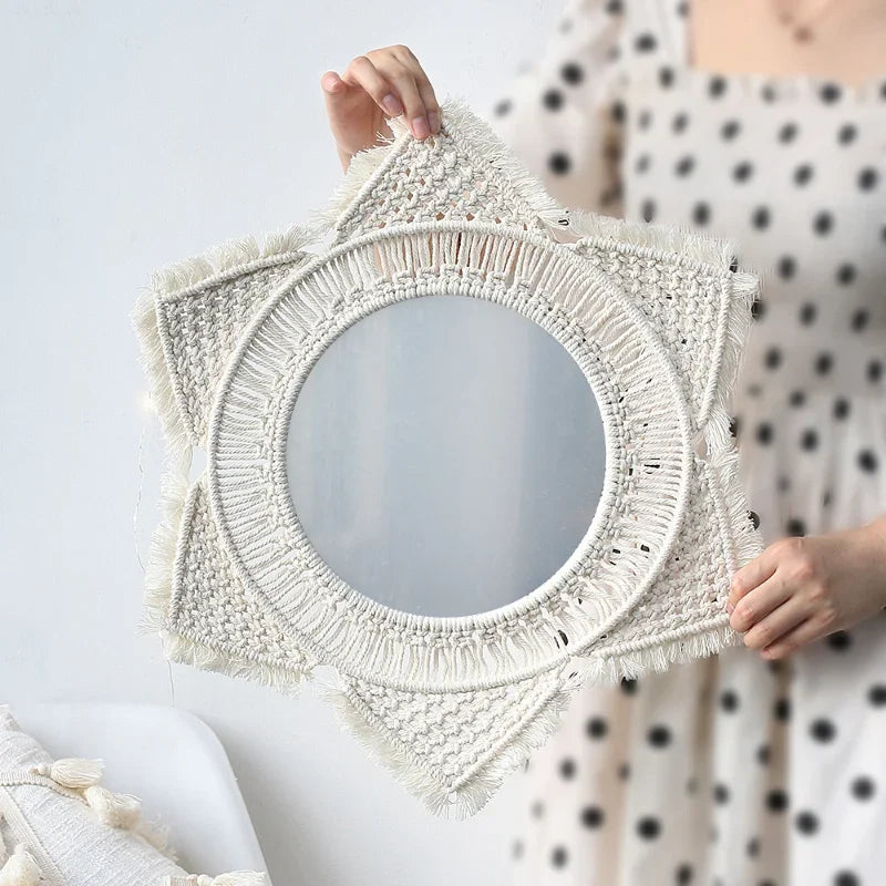 Espelho Redondo de Parede ZAFFIORA em Macramê – Toque Boho Chic para Sua Decoração