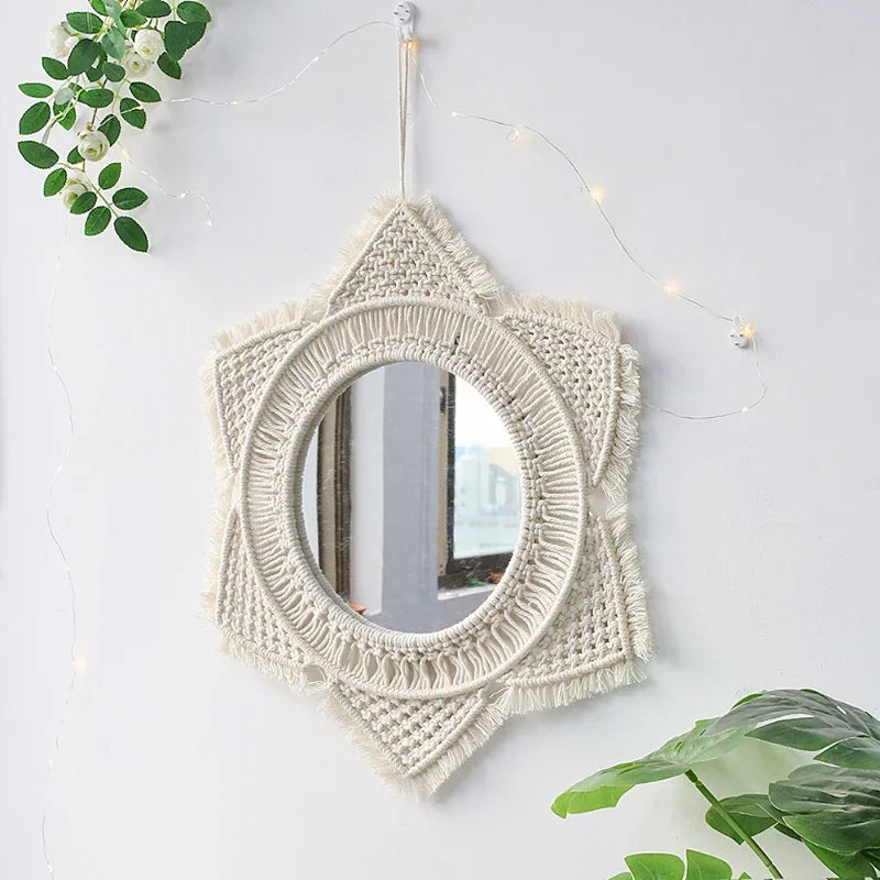 Espelho Redondo de Parede ZAFFIORA em Macramê – Toque Boho Chic para Sua Decoração