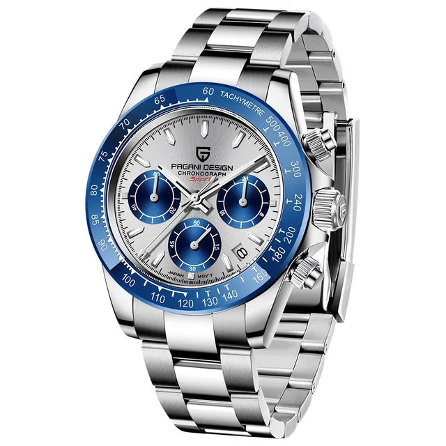 Relógio Masculino ZAFFIORA PAGANI DESIGN V2 – Cronógrafo Retrô 40mm, Quartzo, Safira, À Prova d’Água, Caixa em Aço Inoxidável