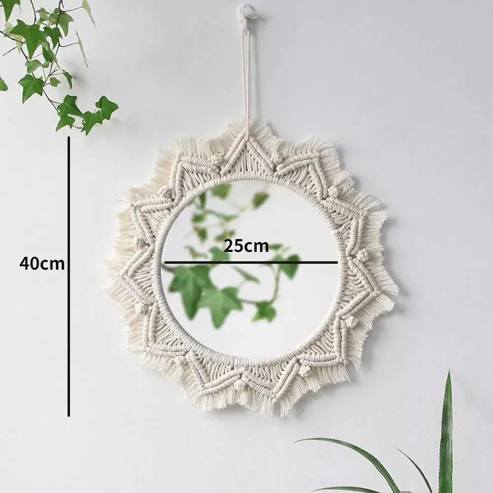 Espelho Redondo de Parede ZAFFIORA em Macramê – Toque Boho Chic para Sua Decoração