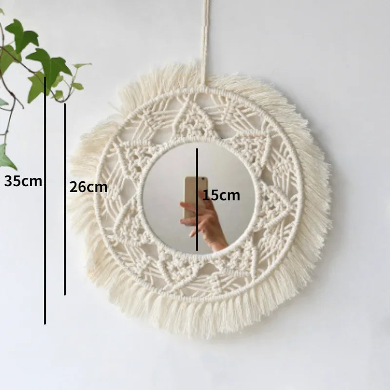 Espelho Redondo de Parede ZAFFIORA em Macramê – Toque Boho Chic para Sua Decoração