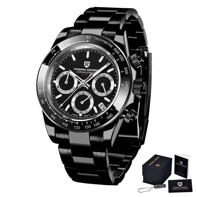 Relógio Masculino ZAFFIORA PAGANI DESIGN V2 – Cronógrafo Retrô 40mm, Quartzo, Safira, À Prova d’Água, Caixa em Aço Inoxidável