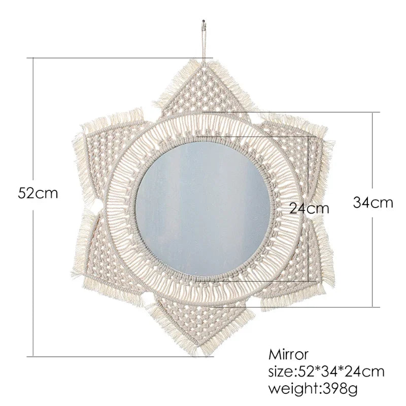 Espelho Redondo de Parede ZAFFIORA em Macramê – Toque Boho Chic para Sua Decoração