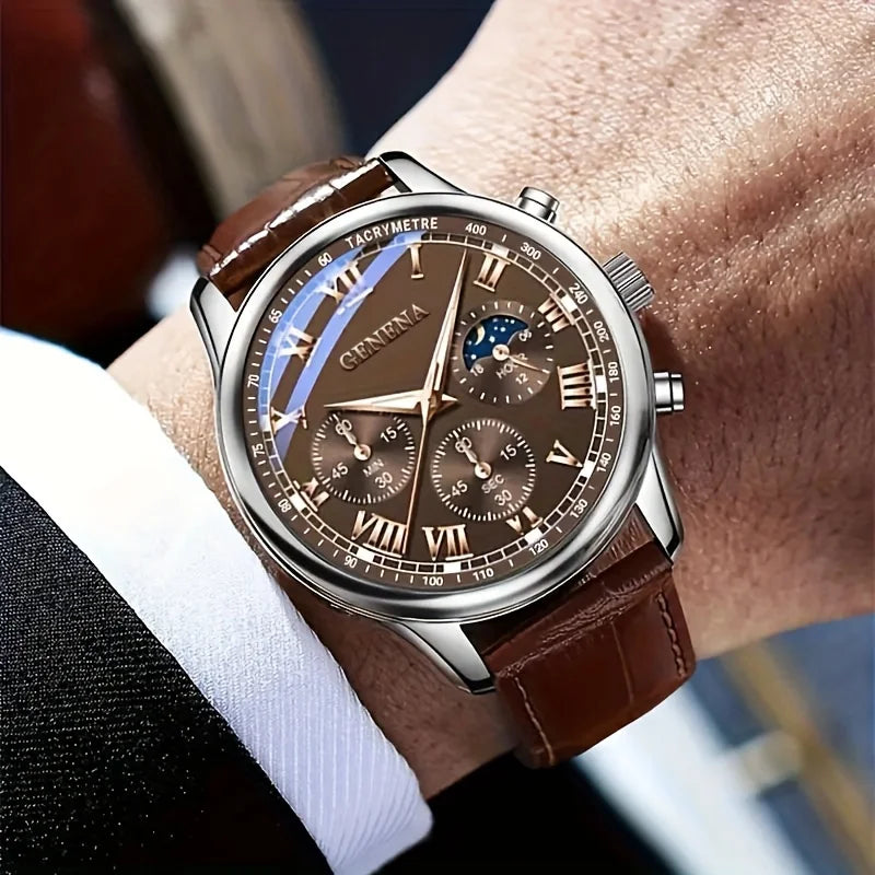 Relógio Masculino Geneva 0001 ZAFFIORA – Estilo Sofisticado com Pulseira de Couro